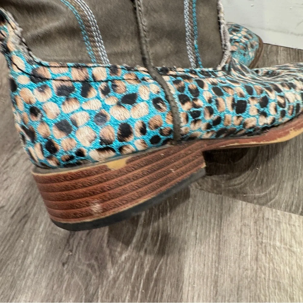 Roper Glitter Leopard Print Boots Kids Girls 3 Brown Blue Western Rodeo